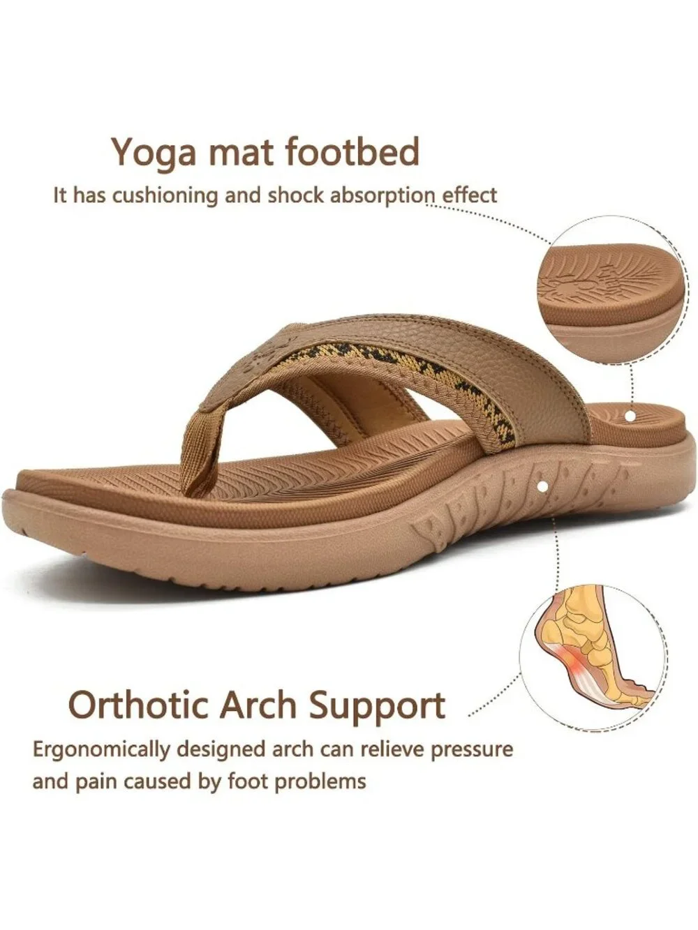 Men's Khaki Arch Support Sport Flip Flops Comfort Orthotic Thong Sandal Shoes